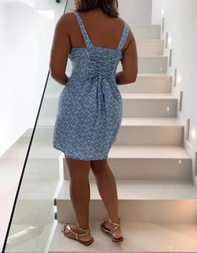 Midi Dress Woman Summer Casual Women's U-Neck Camisole Fresh Floral Print Flower Print Lace Up Vacation Dress Woman