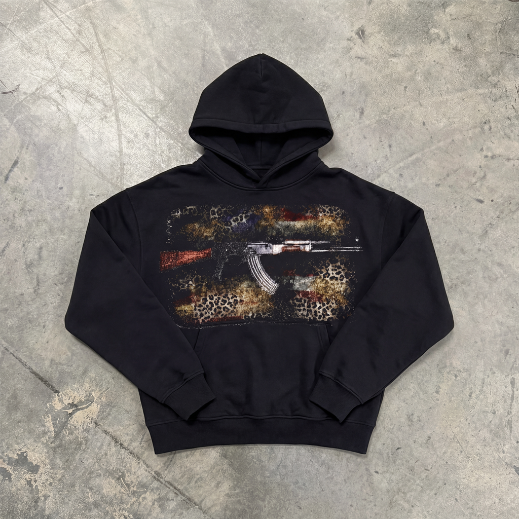 AK Black Hoodie Cropped 400GSM Streetwear Graphic Y2K Unisex Cotton